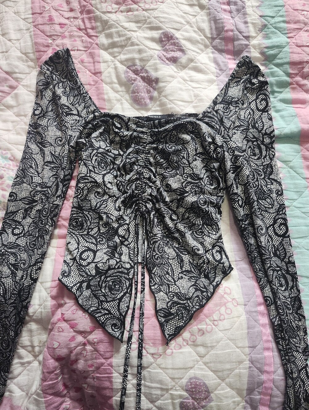 Whimsy Goth Flared Sleeve Black and Silver Rose Print Crop Top Adjustible String